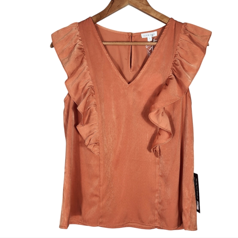 Olivia Grey NWT Orange Ruffle Tank Size Small V-Neck